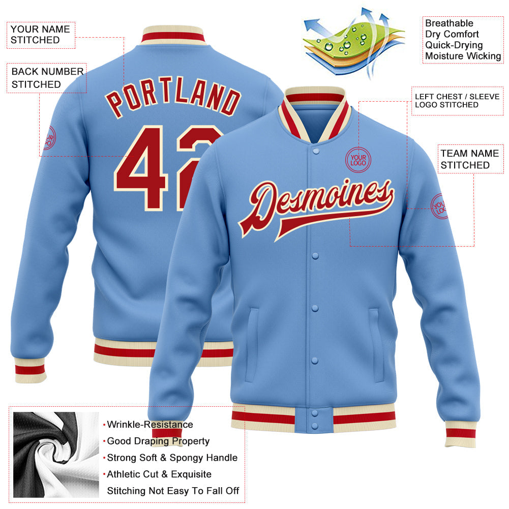 Custom Light Blue Red-Cream Bomber Full-Snap Varsity Letterman Jacket view 5