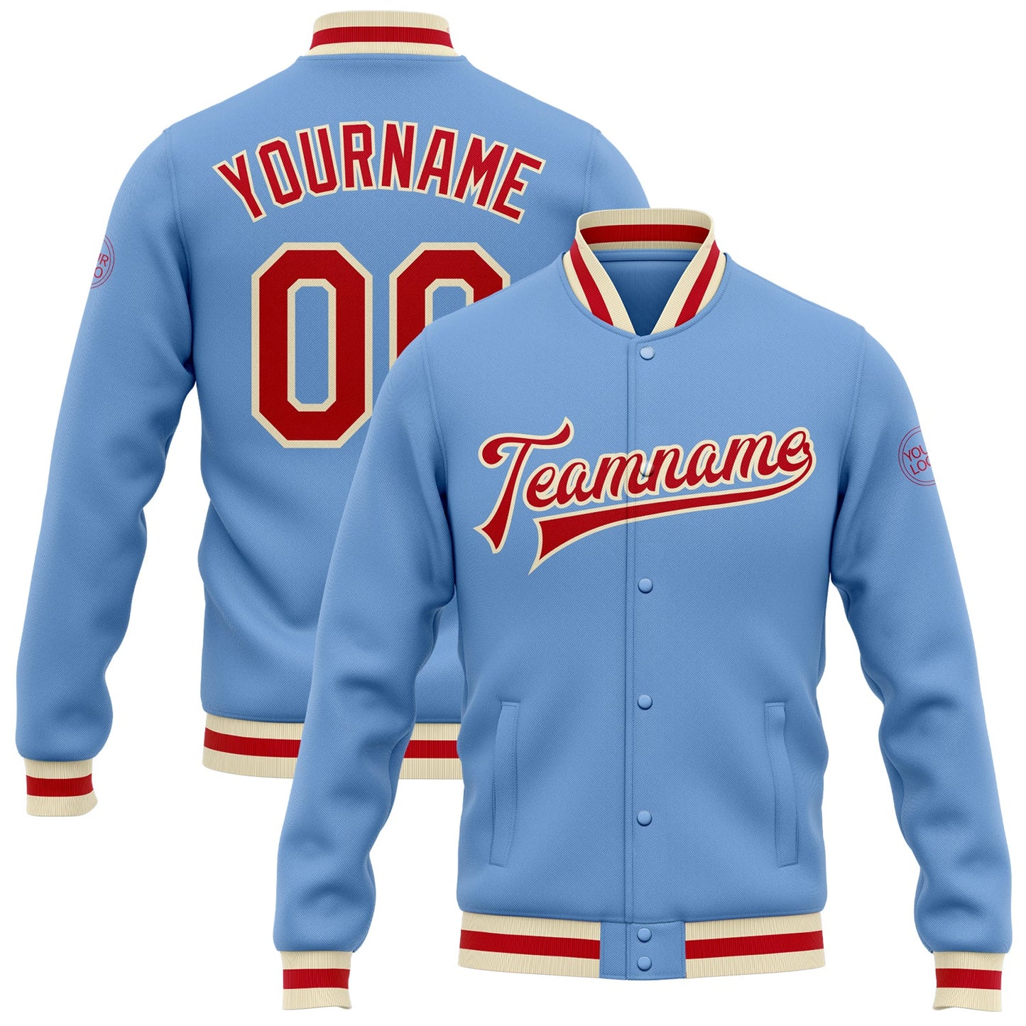 Custom Light Blue Red-Cream Bomber Full-Snap Varsity Letterman Jacket - Main View