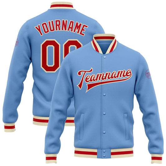 Custom Light Blue Red-Cream Bomber Full-Snap Varsity Letterman Jacket - Main View