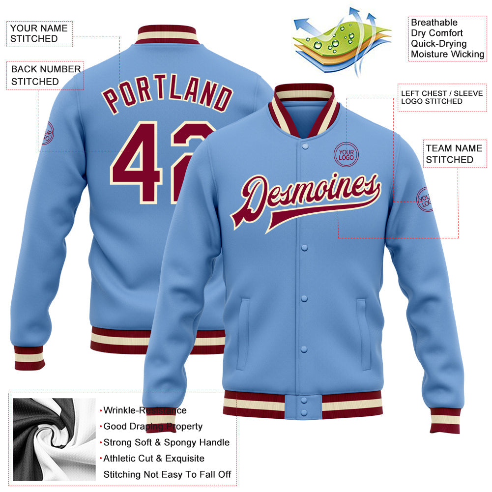 Custom Light Blue Maroon-Cream Bomber Full-Snap Varsity Letterman Jacket view 5