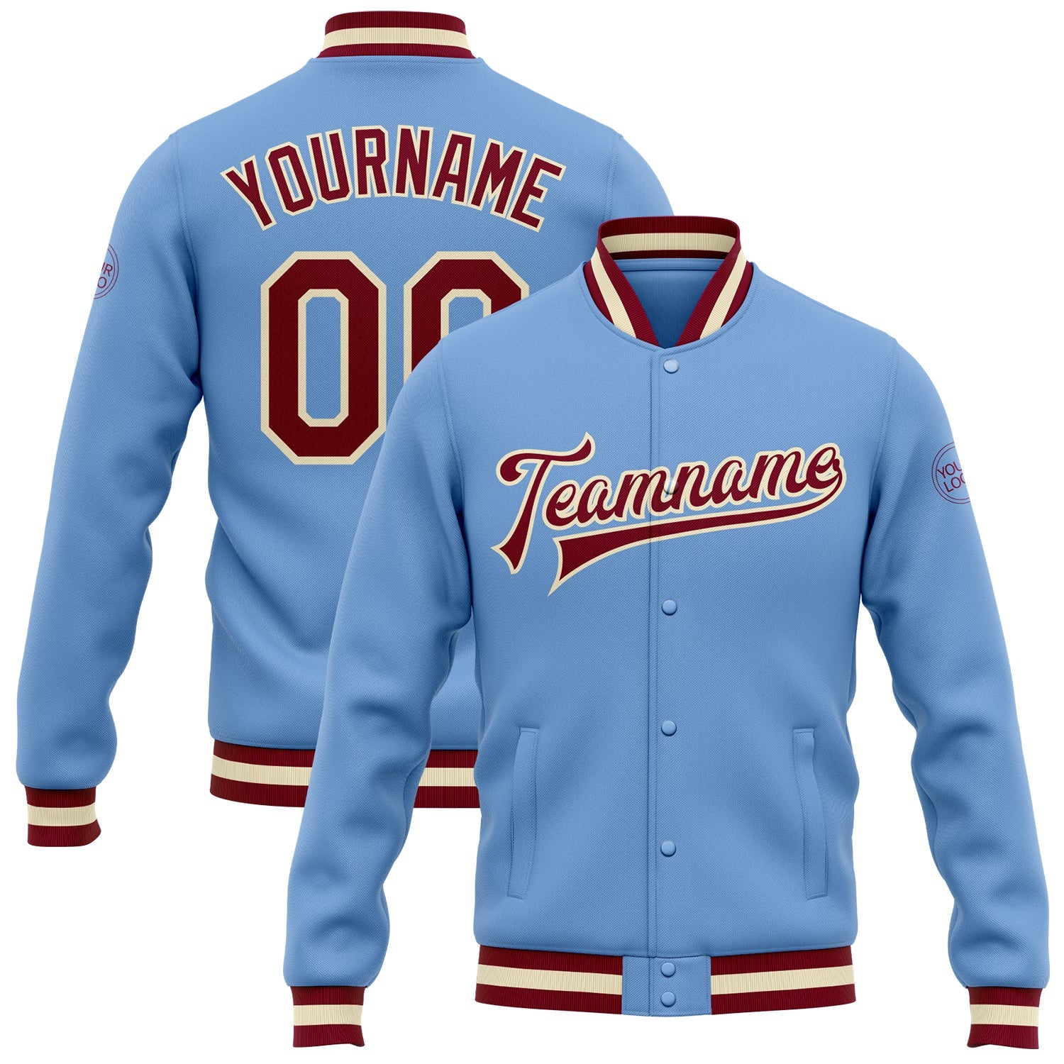 Custom Light Blue Maroon-Cream Bomber Full-Snap Varsity Letterman Jacket - Main View