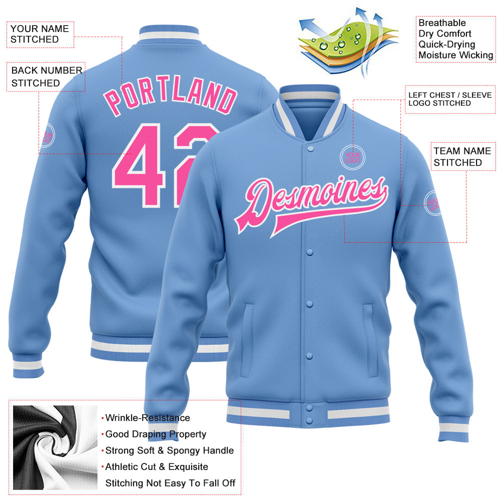 Custom Light Blue Pink-White Bomber Full-Snap Varsity Letterman Jacket view 5