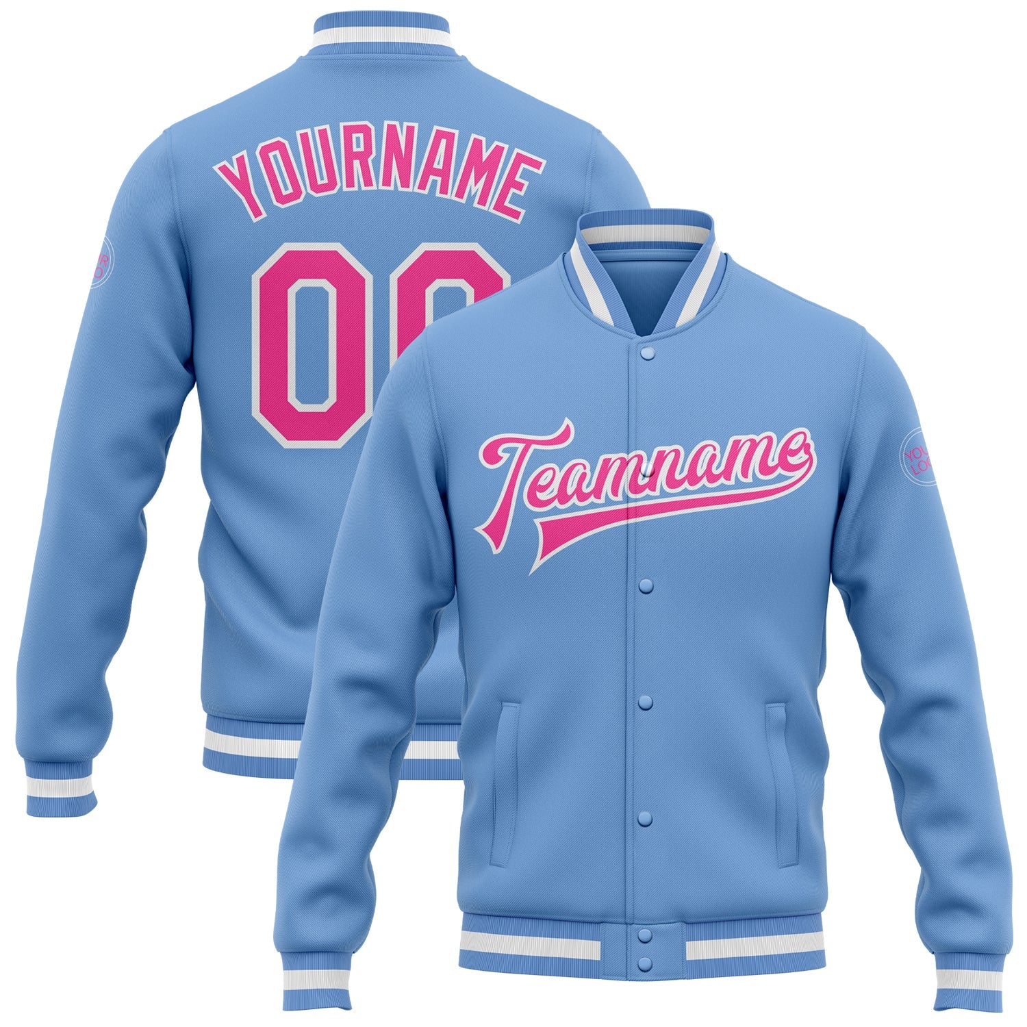 Custom Light Blue Pink-White Bomber Full-Snap Varsity Letterman Jacket - Main View