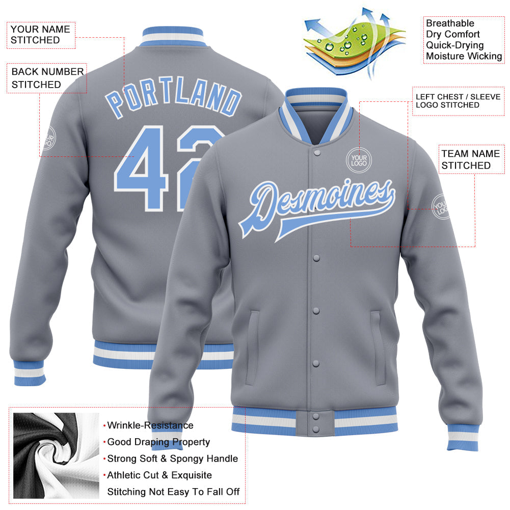 Custom Gray Light Blue-White Bomber Full-Snap Varsity Letterman Jacket view 5
