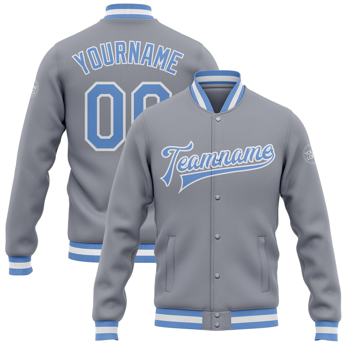 Custom Gray Light Blue-White Bomber Full-Snap Varsity Letterman Jacket - Main View