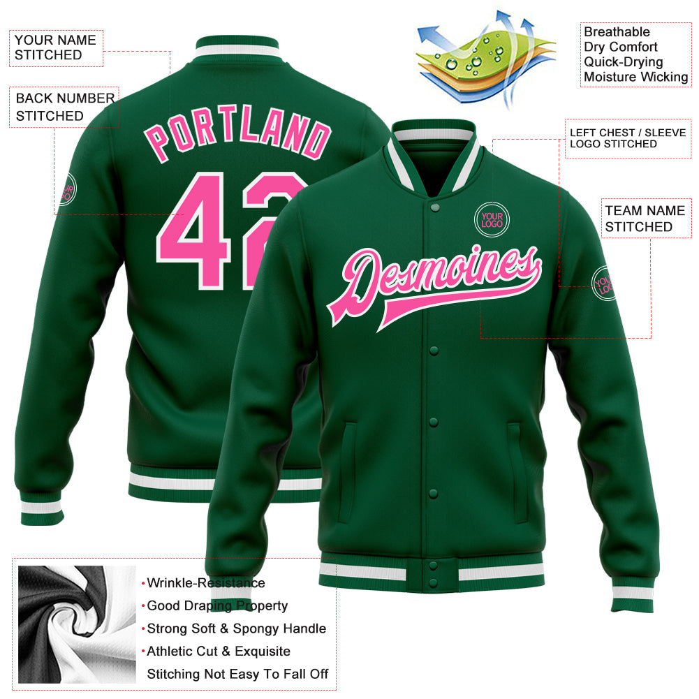 Custom Kelly Green Pink-White Bomber Full-Snap Varsity Letterman Jacket view 5