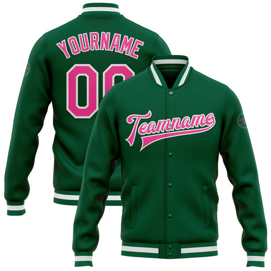 Custom Kelly Green Pink-White Bomber Full-Snap Varsity Letterman Jacket - Main View