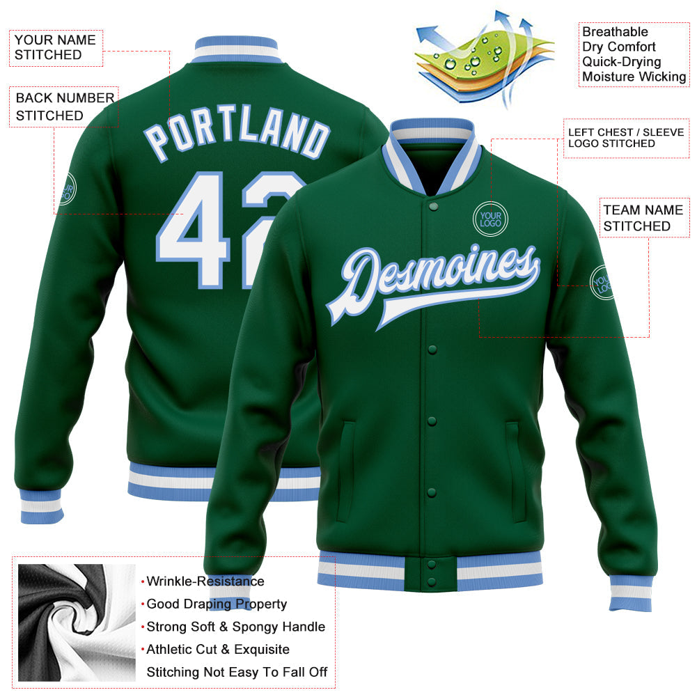 Custom Kelly Green White-Light Blue Bomber Full-Snap Varsity Letterman Jacket view 5