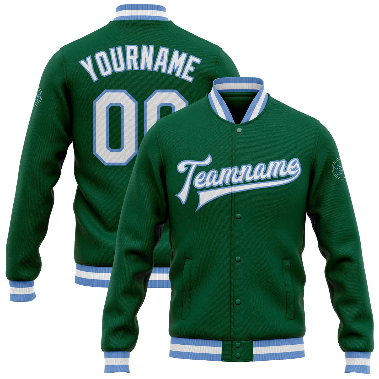 Custom Kelly Green White-Light Blue Bomber Full-Snap Varsity Letterman Jacket - Main View