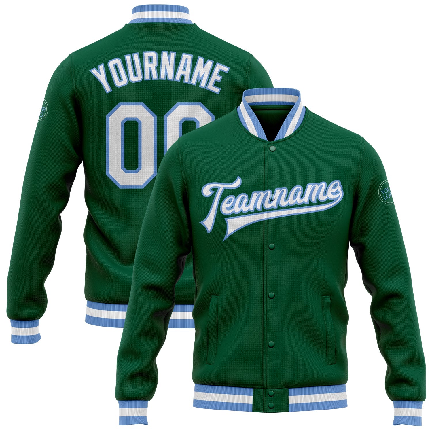 Custom Kelly Green White-Light Blue Bomber Full-Snap Varsity Letterman Jacket - Main View