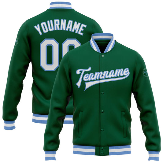 Custom Kelly Green White-Light Blue Bomber Full-Snap Varsity Letterman Jacket - Main View