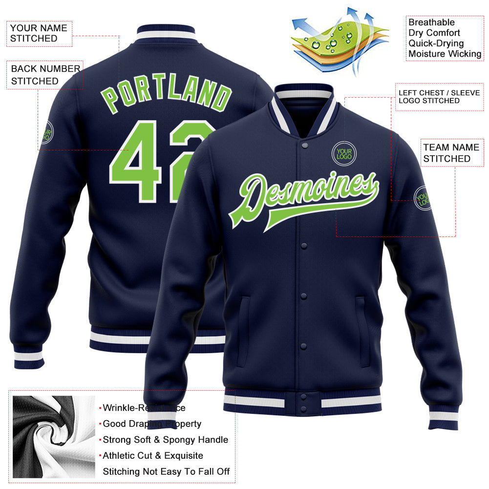 Custom Navy Neon Green-White Bomber Full-Snap Varsity Letterman Jacket view 5