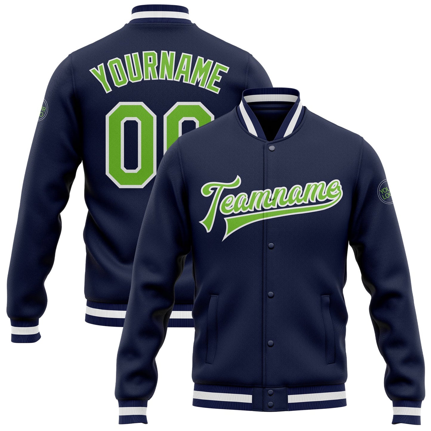 Custom Navy Neon Green-White Bomber Full-Snap Varsity Letterman Jacket - Main View