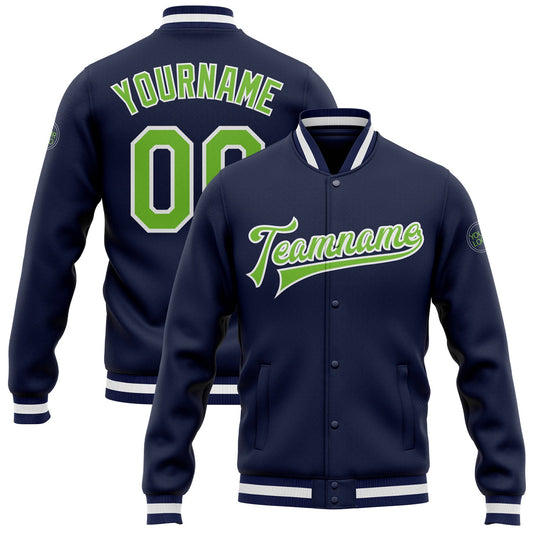 Custom Navy Neon Green-White Bomber Full-Snap Varsity Letterman Jacket - Main View