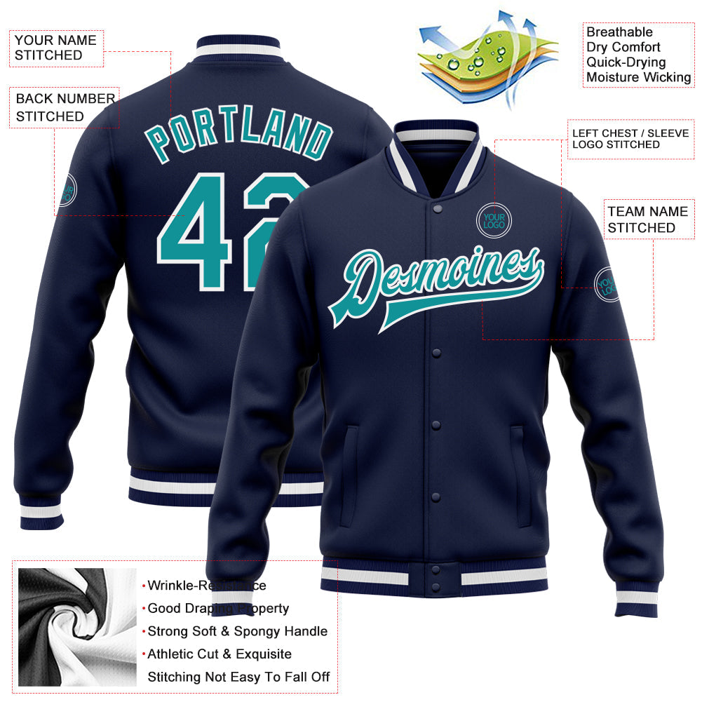 Custom Navy Aqua-White Bomber Full-Snap Varsity Letterman Jacket view 5