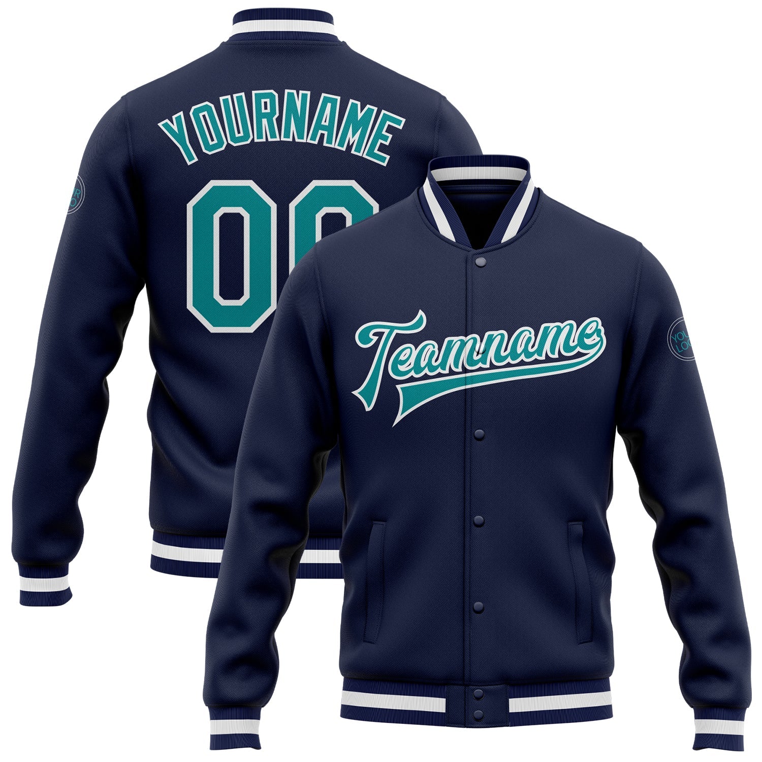 Custom Navy Aqua-White Bomber Full-Snap Varsity Letterman Jacket - Main View