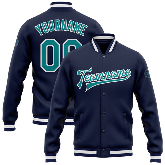 Custom Navy Aqua-White Bomber Full-Snap Varsity Letterman Jacket - Main View