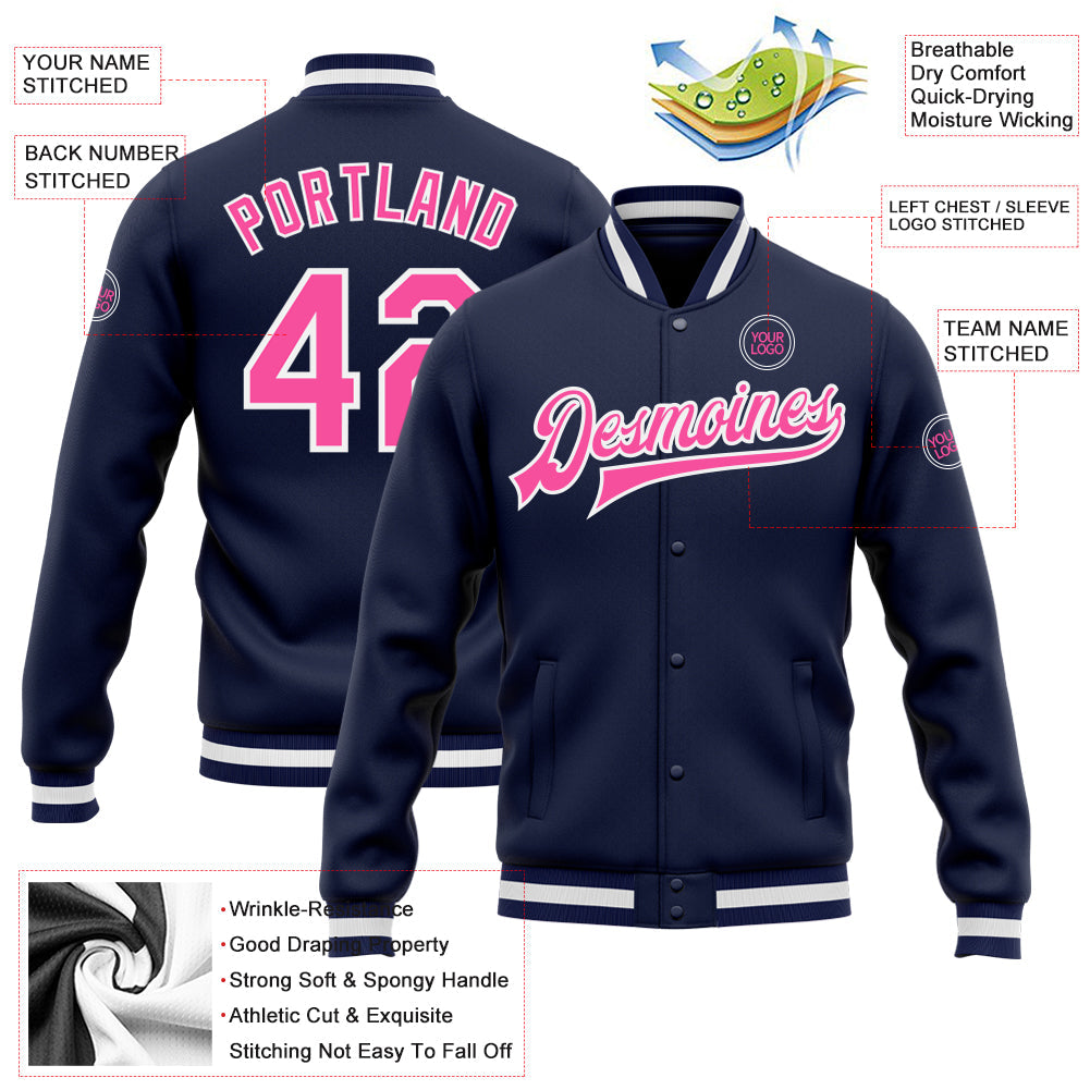 Custom Navy Pink-White Bomber Full-Snap Varsity Letterman Jacket view 5