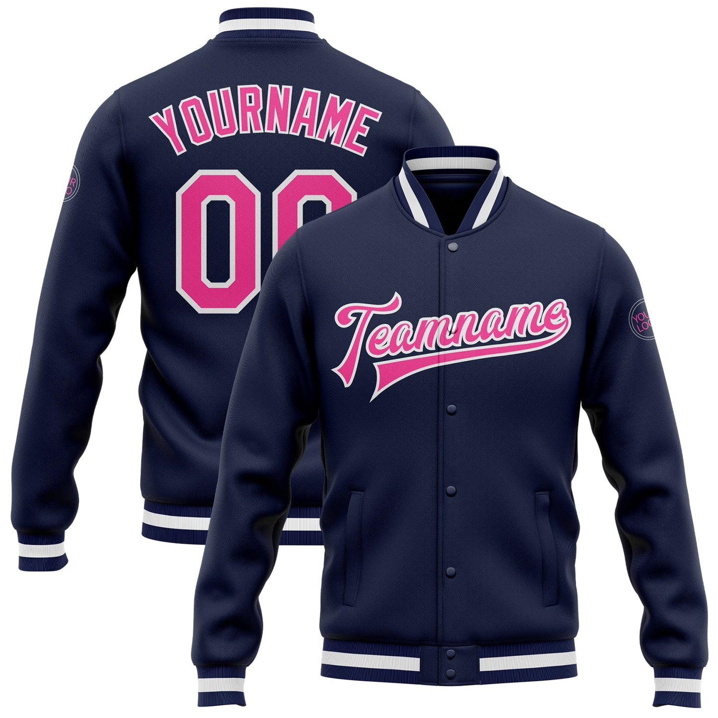 Custom Navy Pink-White Bomber Full-Snap Varsity Letterman Jacket - Main View