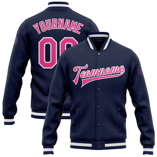 Custom Navy Pink-White Bomber Full-Snap Varsity Letterman Jacket - Main View