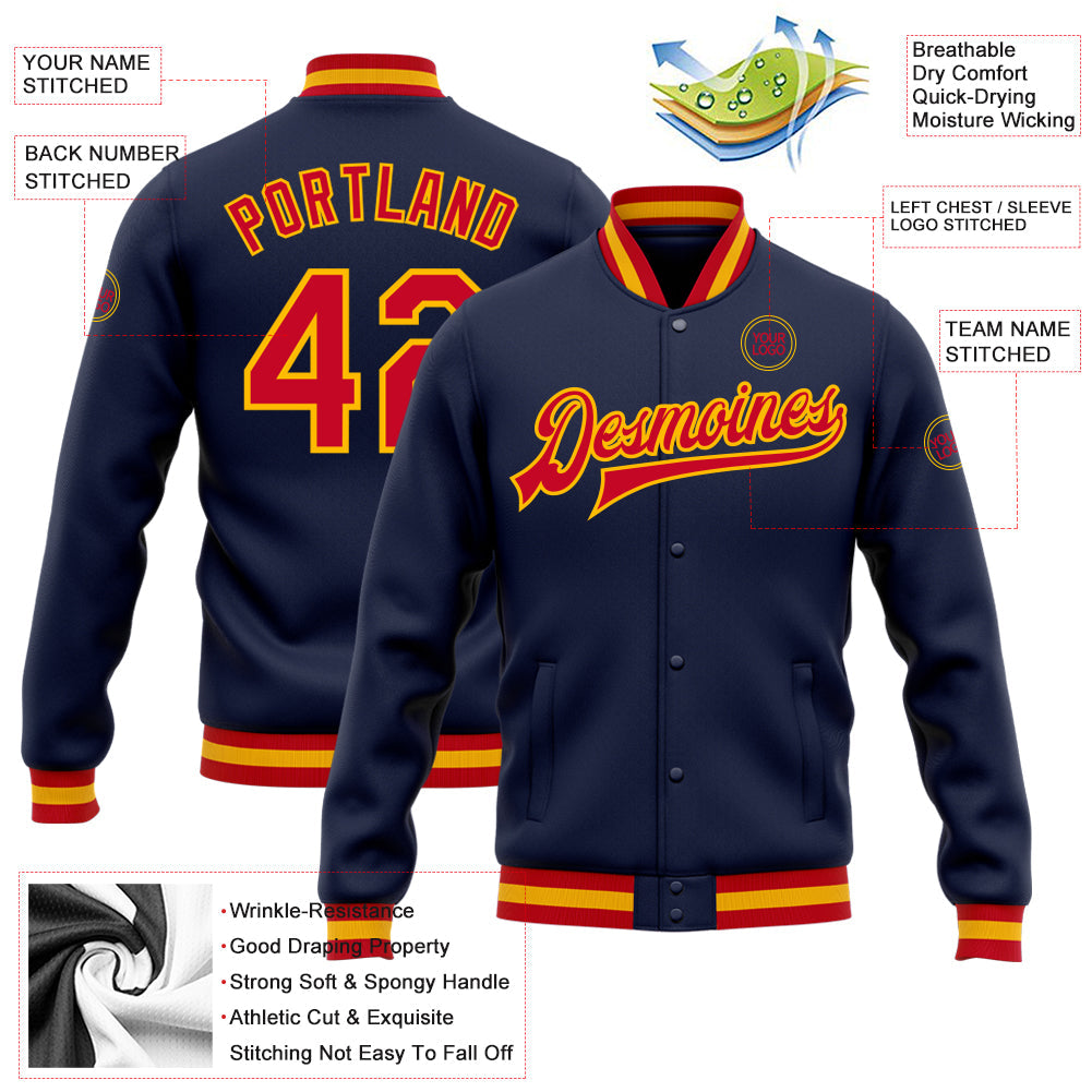 Custom Navy Red-Gold Bomber Full-Snap Varsity Letterman Jacket view 5