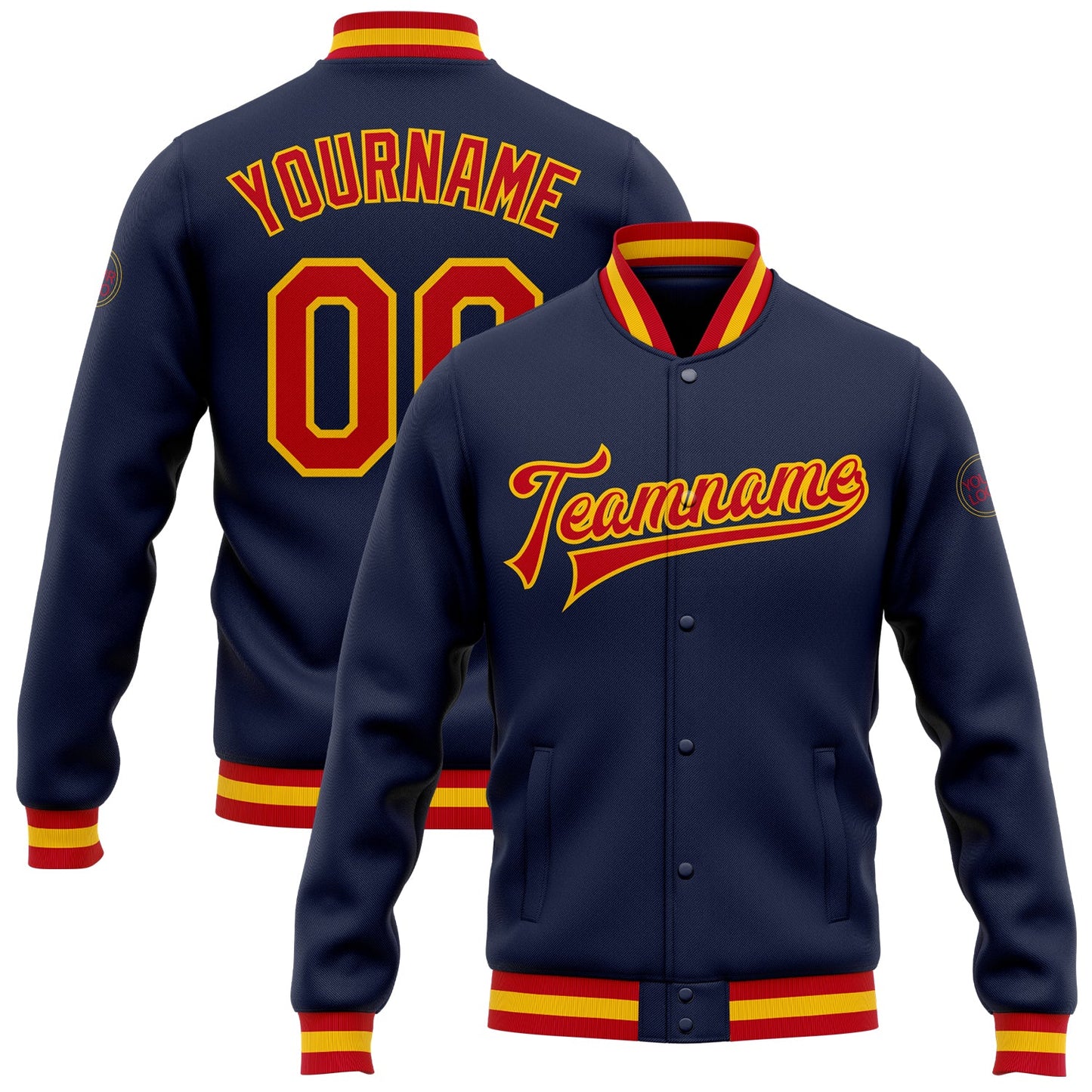 Custom Navy Red-Gold Bomber Full-Snap Varsity Letterman Jacket - Main View