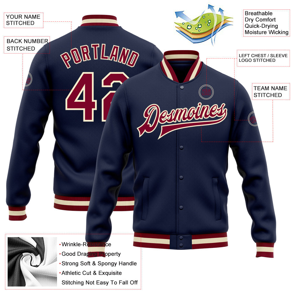 Custom Navy Maroon-Cream Bomber Full-Snap Varsity Letterman Jacket view 5