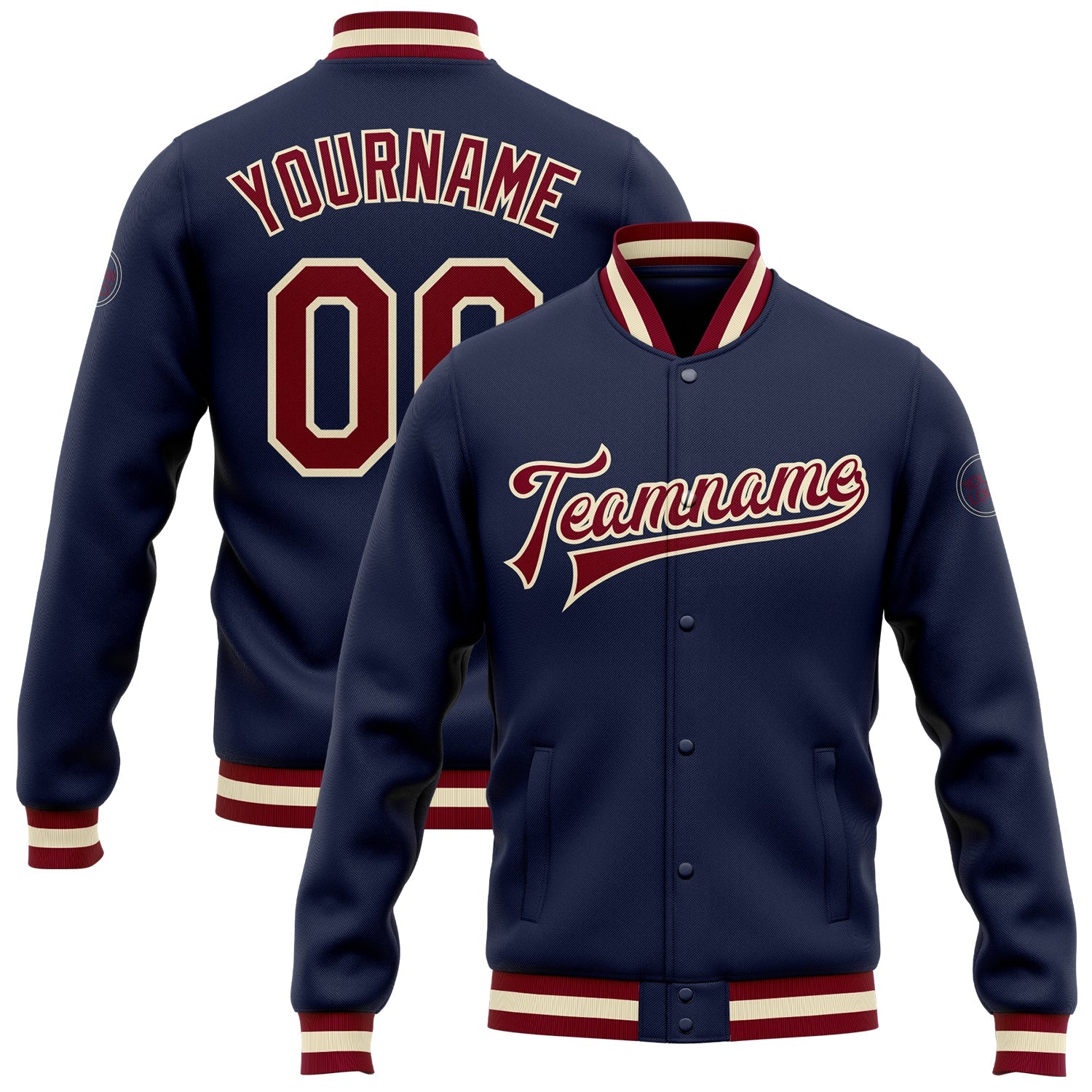 Custom Navy Maroon-Cream Bomber Full-Snap Varsity Letterman Jacket - Main View