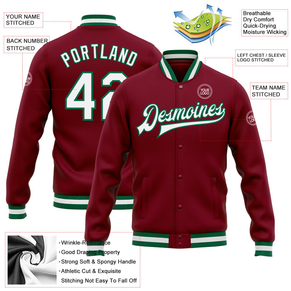 Custom Crimson White-Kelly Green Bomber Full-Snap Varsity Letterman Jacket view 5