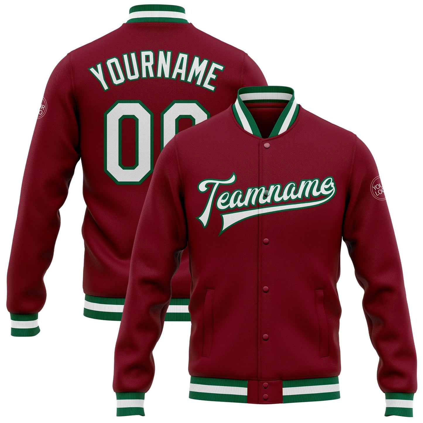 Custom Crimson White-Kelly Green Bomber Full-Snap Varsity Letterman Jacket - Main View