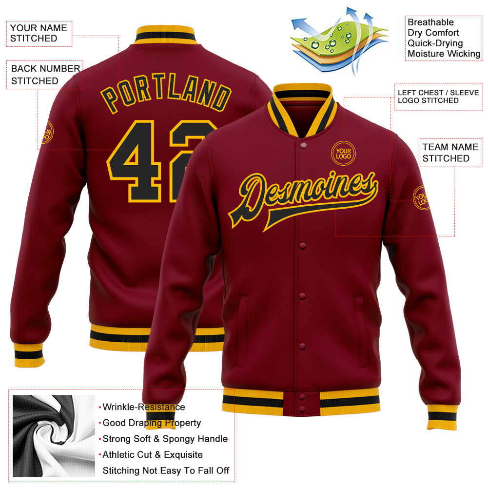 Custom Crimson Black-Gold Bomber Full-Snap Varsity Letterman Jacket view 5