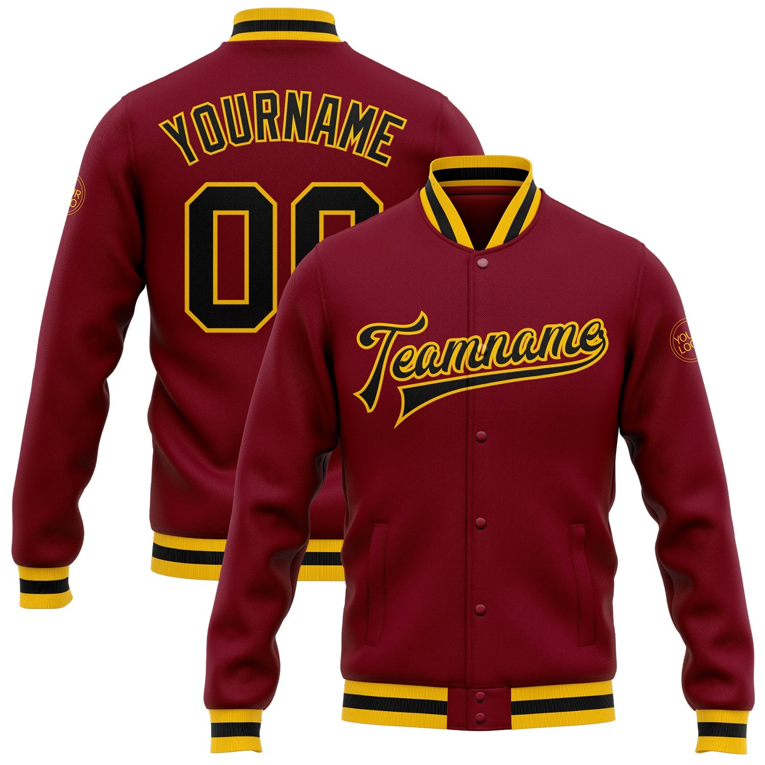 Custom Crimson Black-Gold Bomber Full-Snap Varsity Letterman Jacket - Main View