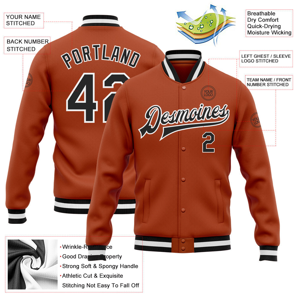 Custom Texas Orange Black-White Bomber Full-Snap Varsity Letterman Jacket view 5