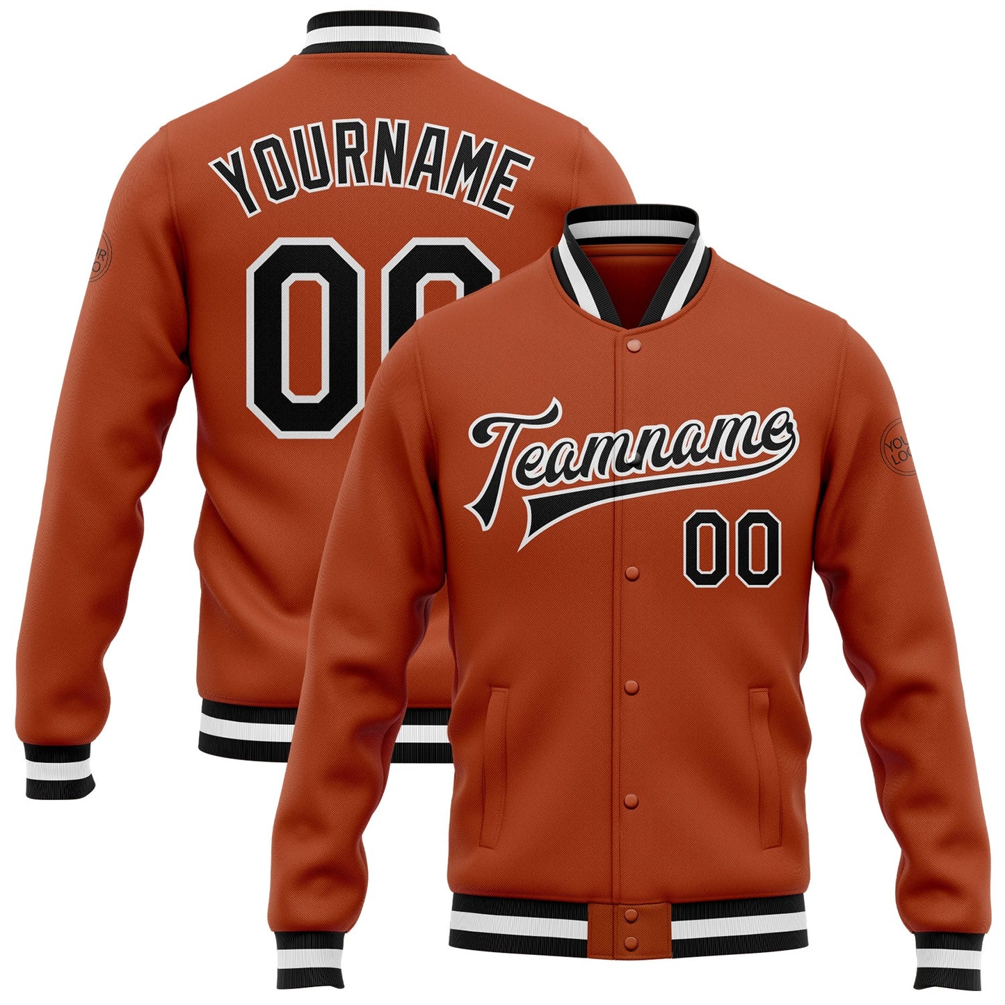 Custom Texas Orange Black-White Bomber Full-Snap Varsity Letterman Jacket - Main View