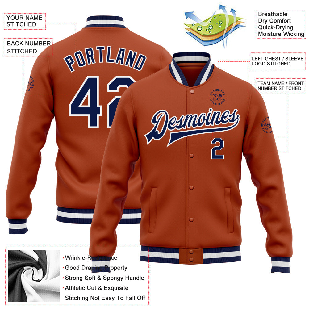 Custom Texas Orange Navy-White Bomber Full-Snap Varsity Letterman Jacket view 5