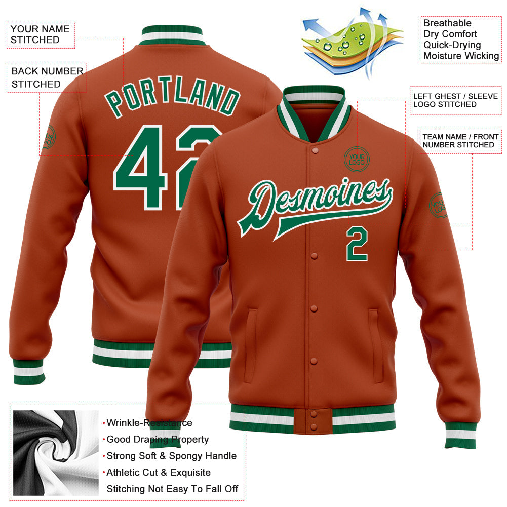 Custom Texas Orange Kelly Green-White Bomber Full-Snap Varsity Letterman Jacket view 5