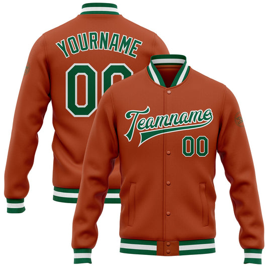 Custom Texas Orange Kelly Green-White Bomber Full-Snap Varsity Letterman Jacket - Main View