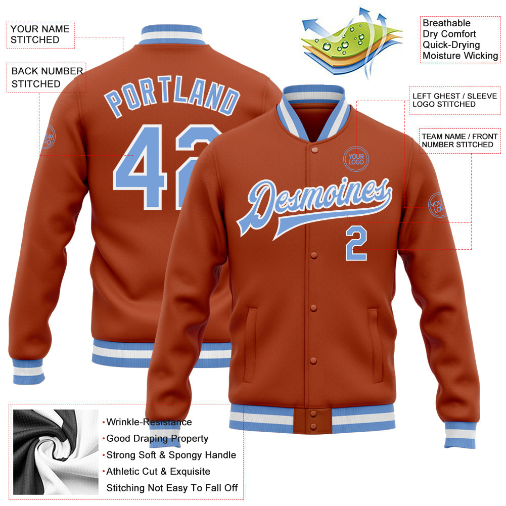 Custom Texas Orange Light Blue-White Bomber Full-Snap Varsity Letterman Jacket view 5