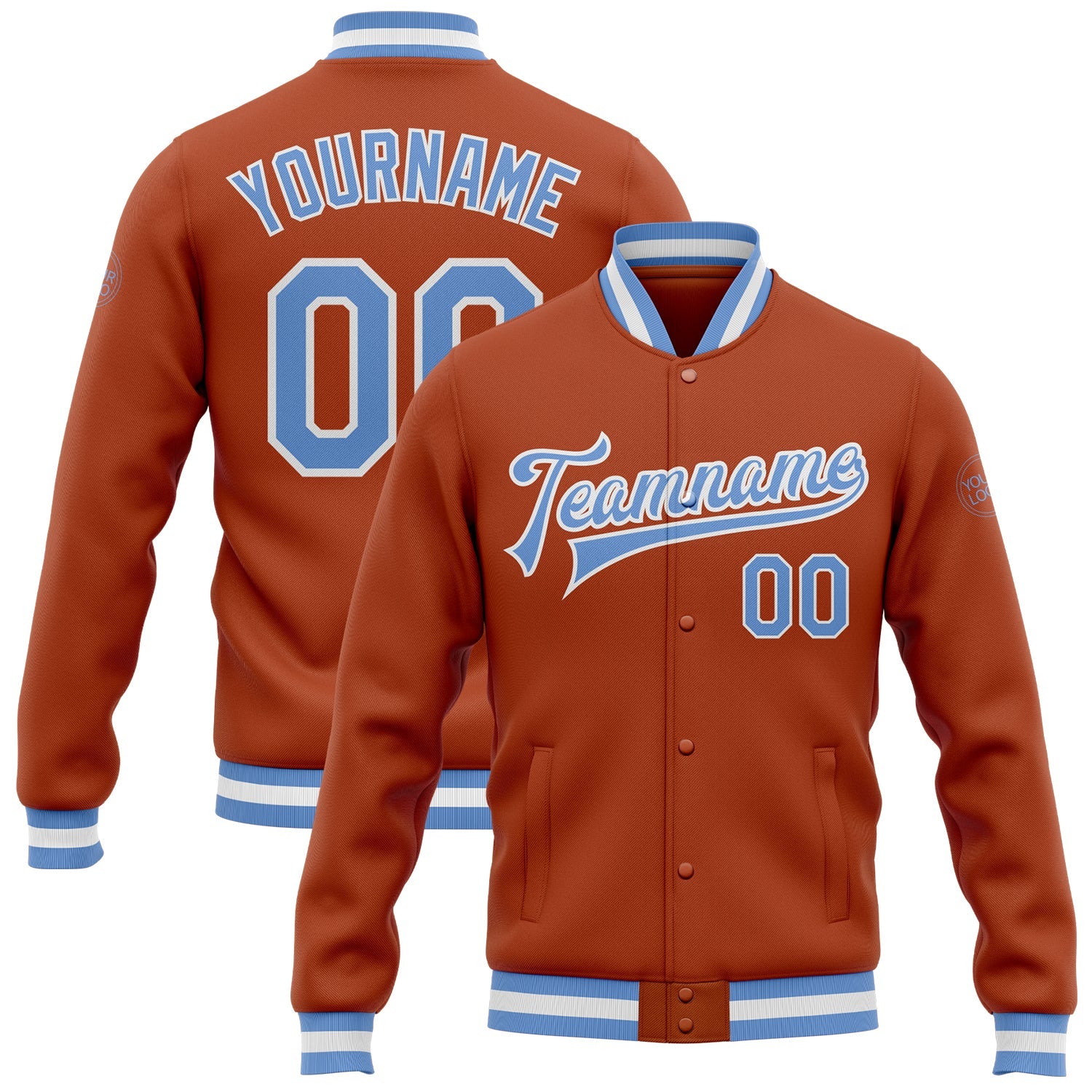 Custom Texas Orange Light Blue-White Bomber Full-Snap Varsity Letterman Jacket - Main View