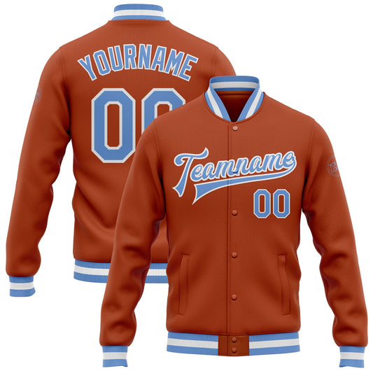 Custom Texas Orange Light Blue-White Bomber Full-Snap Varsity Letterman Jacket - Main View