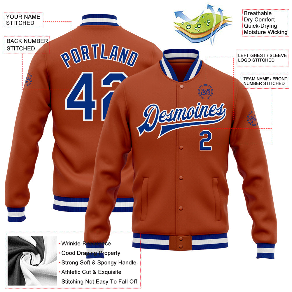 Custom Texas Orange Royal-White Bomber Full-Snap Varsity Letterman Jacket view 5