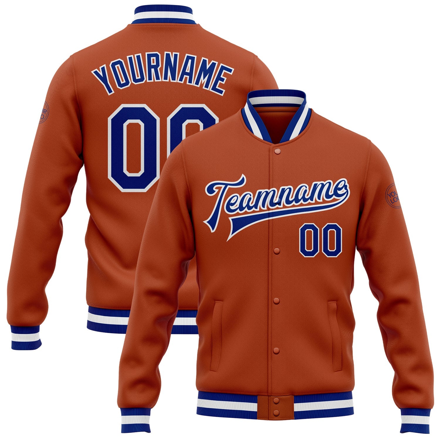 Custom Texas Orange Royal-White Bomber Full-Snap Varsity Letterman Jacket - Main View
