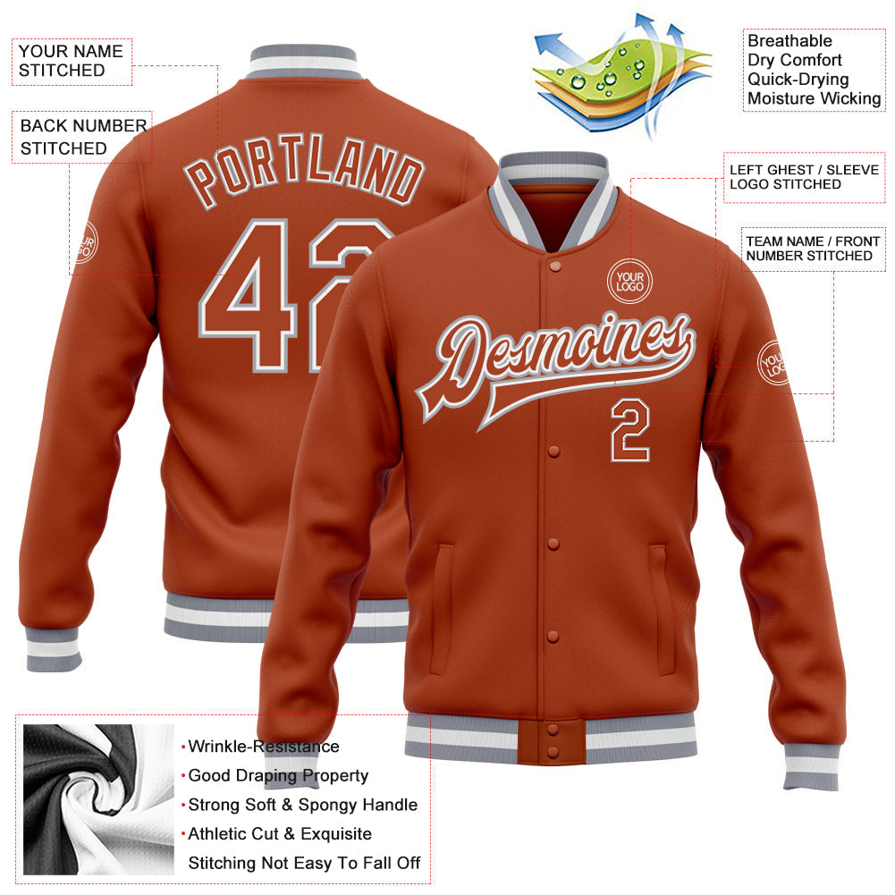 Custom Texas Orange Texas Orange Gray-White Bomber Full-Snap Varsity Letterman Jacket view 5