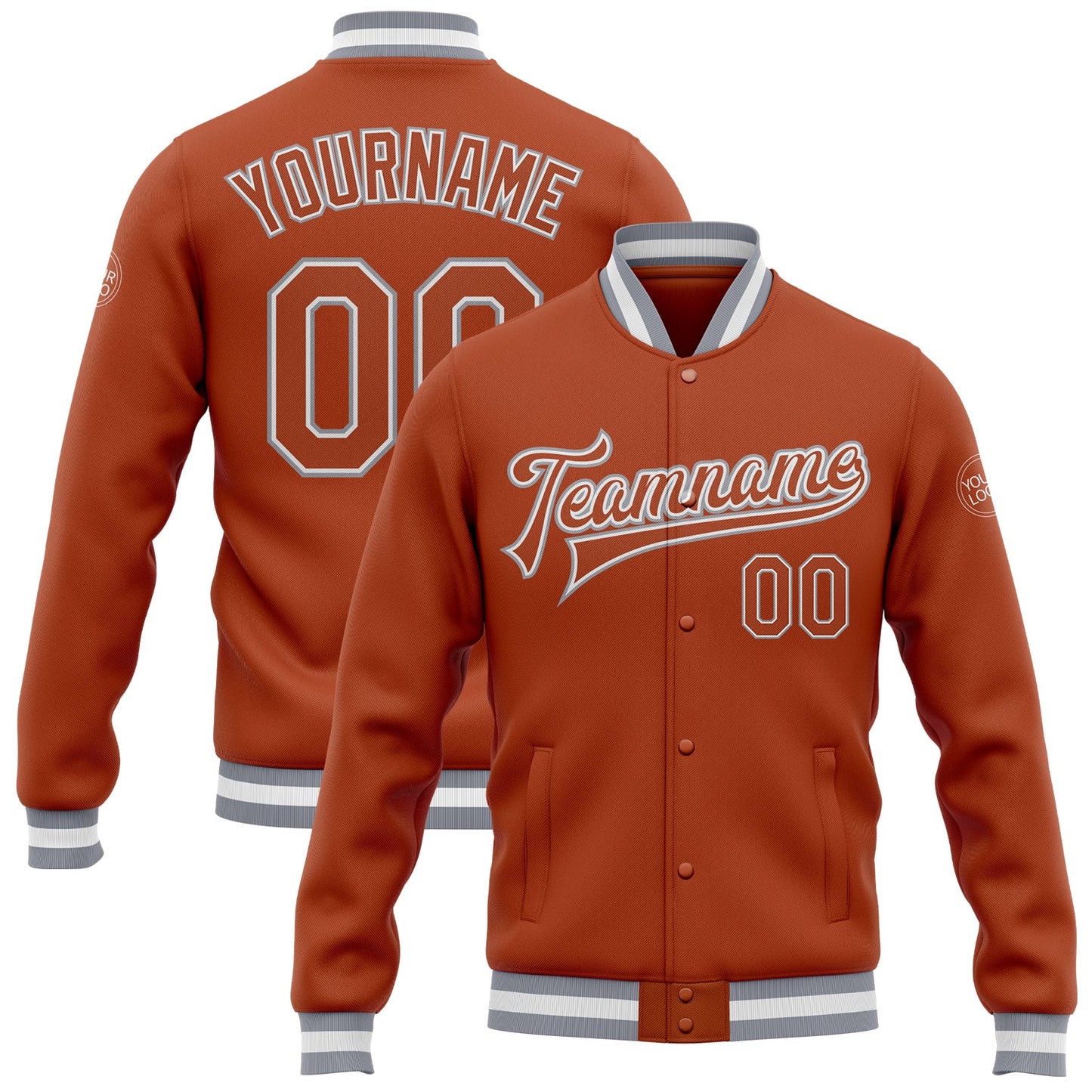 Custom Texas Orange Texas Orange Gray-White Bomber Full-Snap Varsity Letterman Jacket - Main View