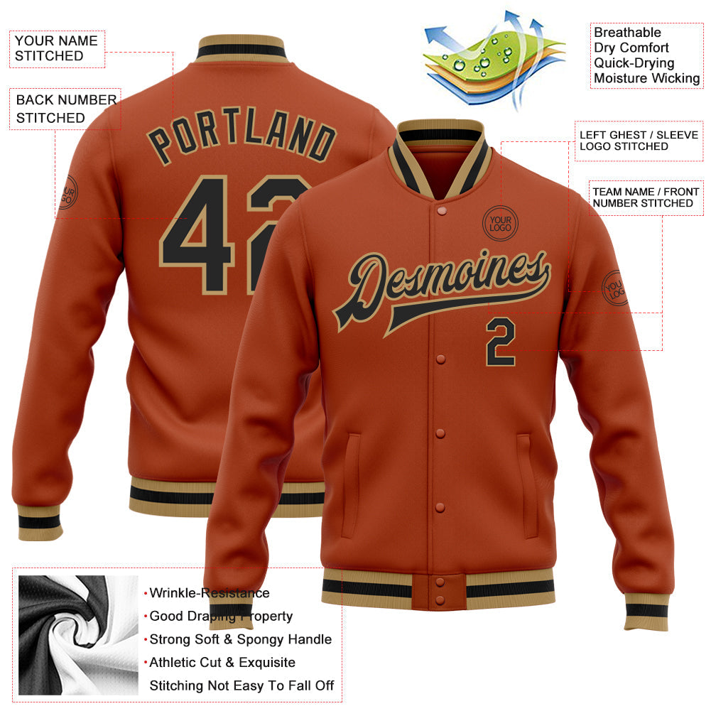 Custom Texas Orange Black-Old Gold Bomber Full-Snap Varsity Letterman Jacket view 5