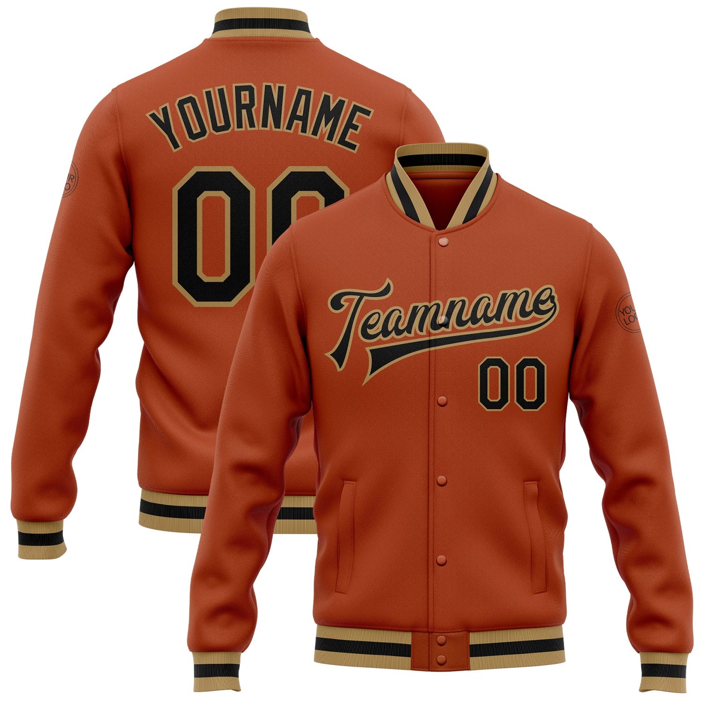Custom Texas Orange Black-Old Gold Bomber Full-Snap Varsity Letterman Jacket - Main View