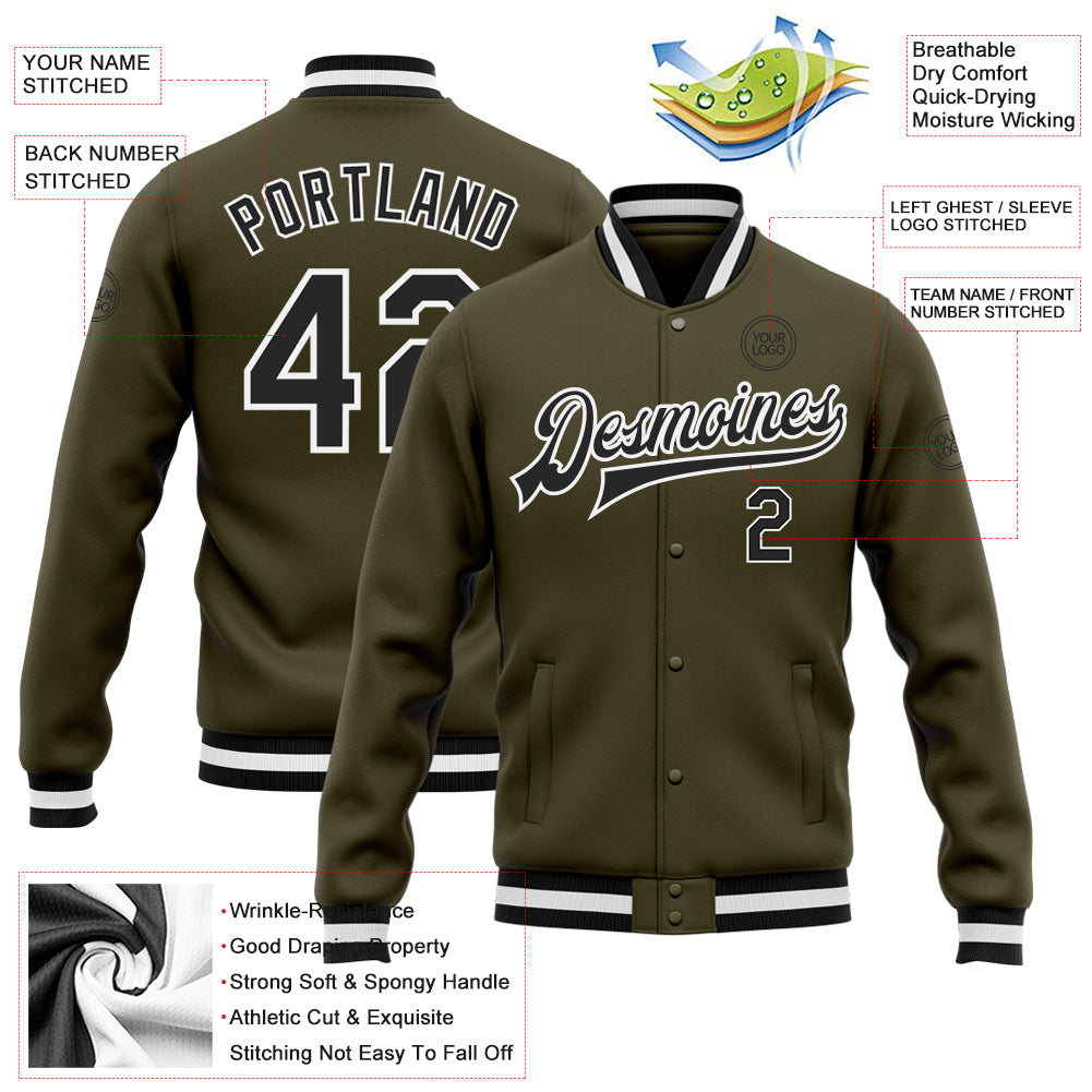 Custom Olive Black-White Bomber Full-Snap Varsity Letterman Salute To Service Jacket view 5