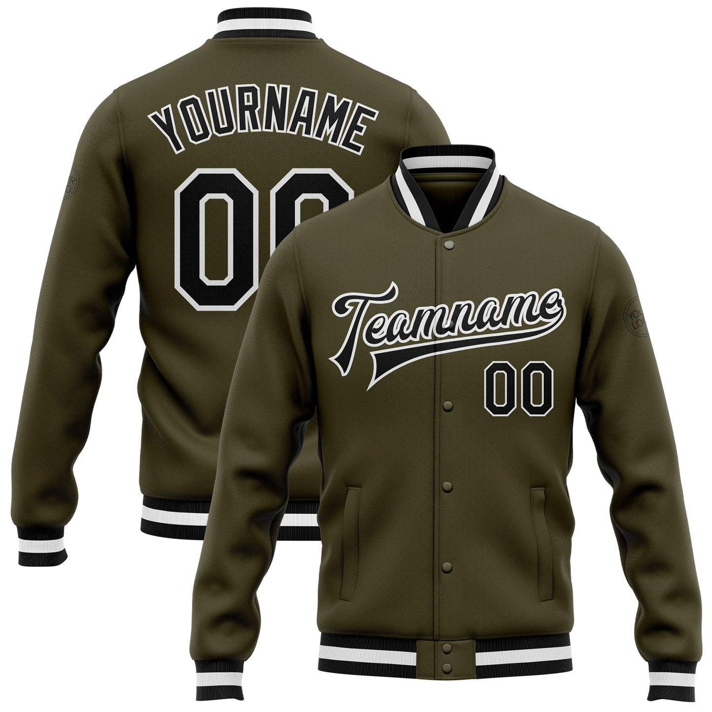 Custom Olive Black-White Bomber Full-Snap Varsity Letterman Salute To Service Jacket - Main View