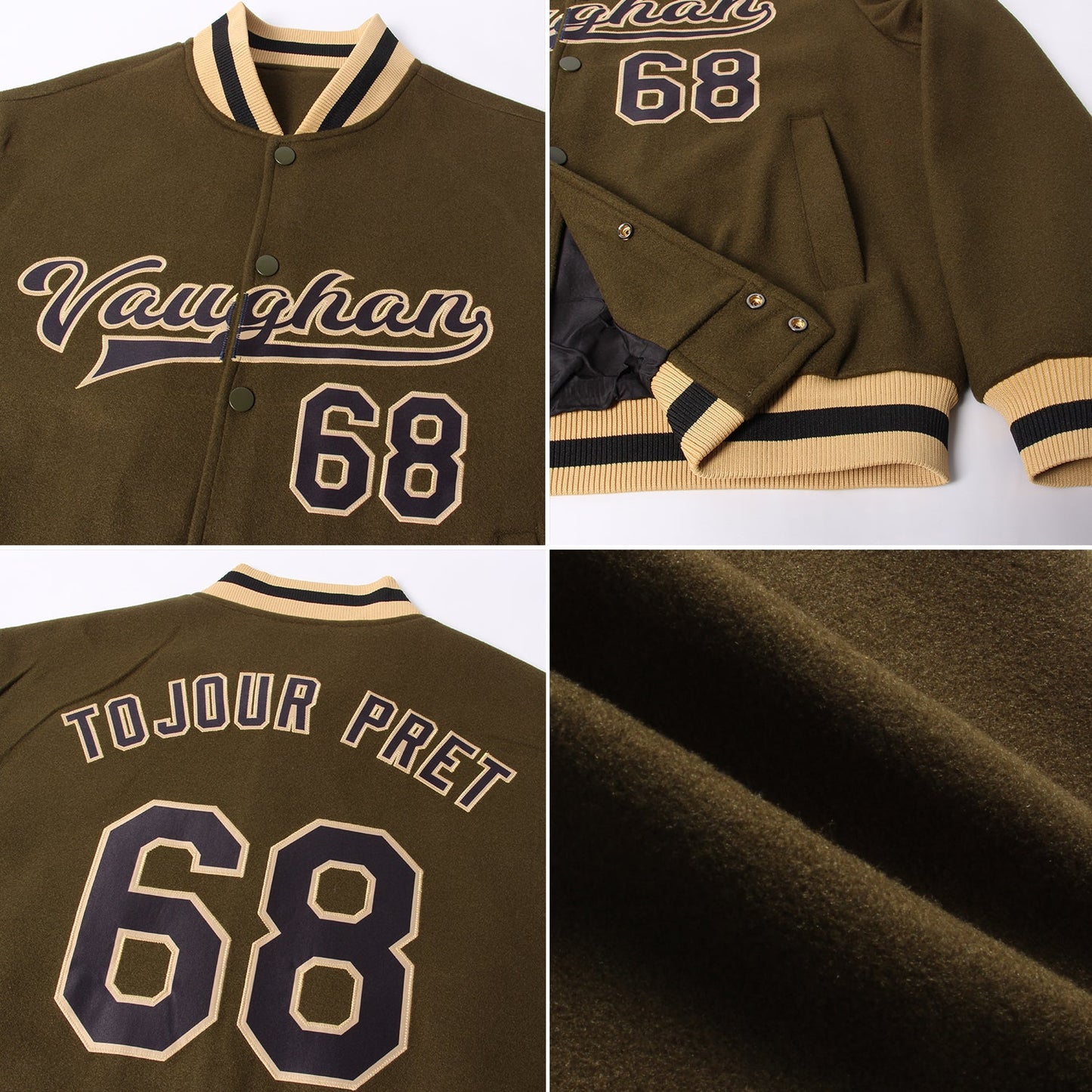 Custom Olive Black-Old Gold Bomber Full-Snap Varsity Letterman Salute To Service Jacket view 4