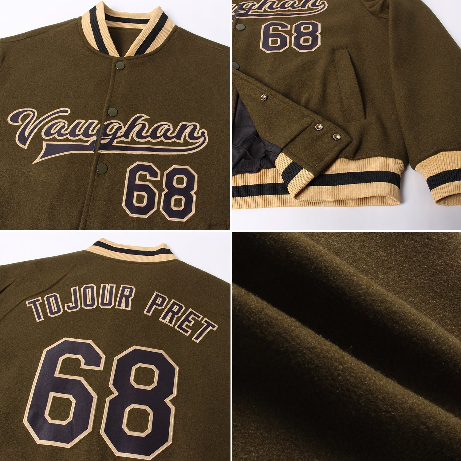 Custom Olive Black-Old Gold Bomber Full-Snap Varsity Letterman Salute To Service Jacket view 4